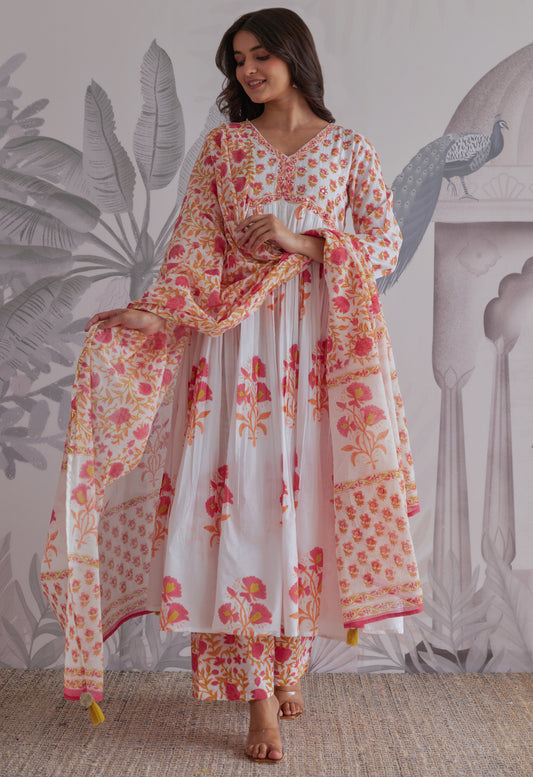 White Floral Printed Anarkali Suit Set