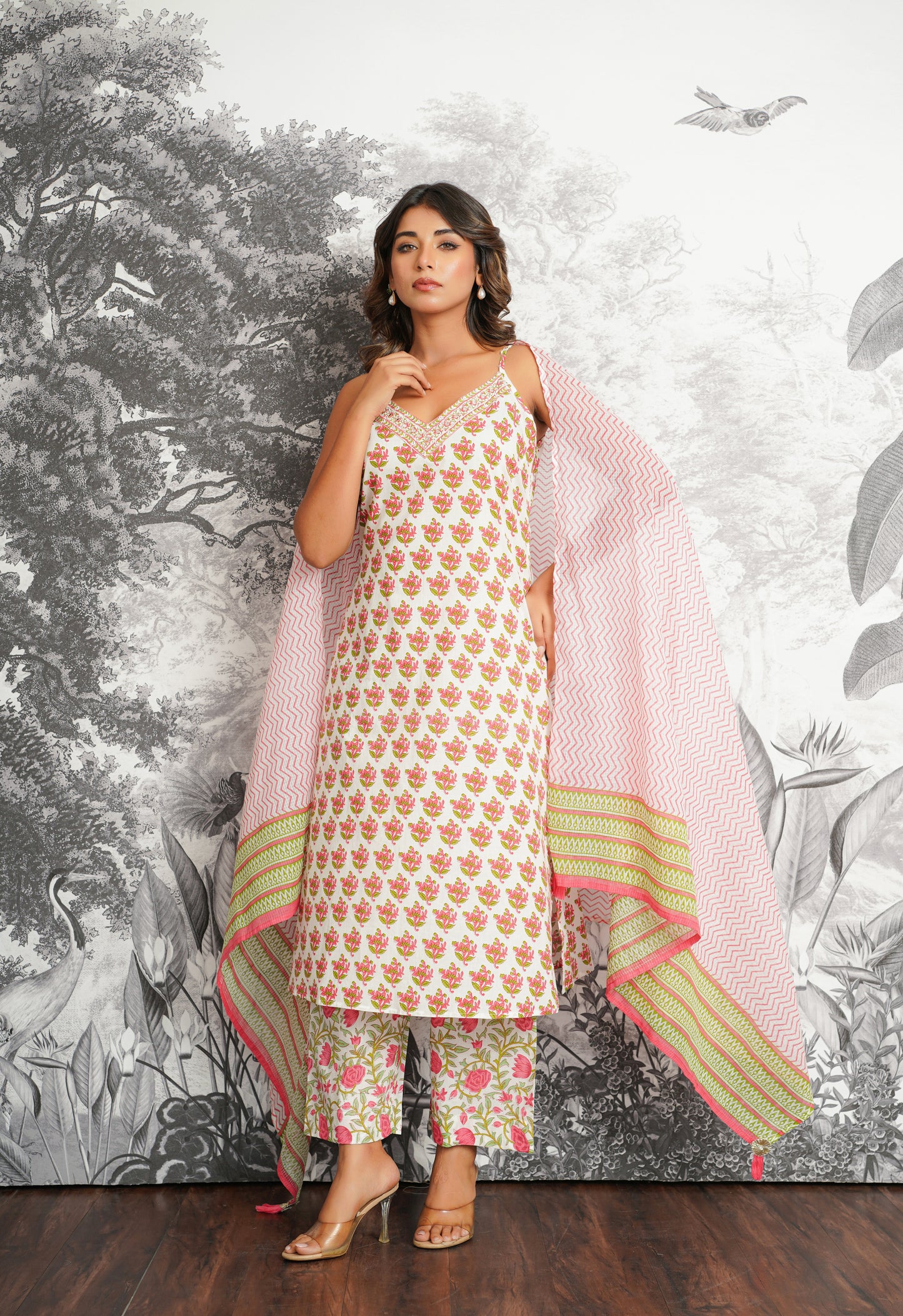 Pink-Green Floral Printed Strappy Suit set