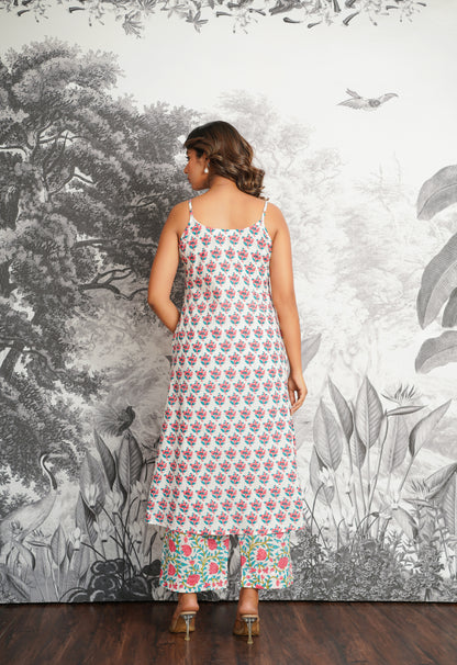 Pink-Blue Floral Printed Strappy Suit set
