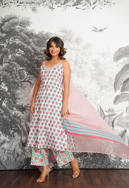 Pink-Blue Floral Printed Strappy Suit set