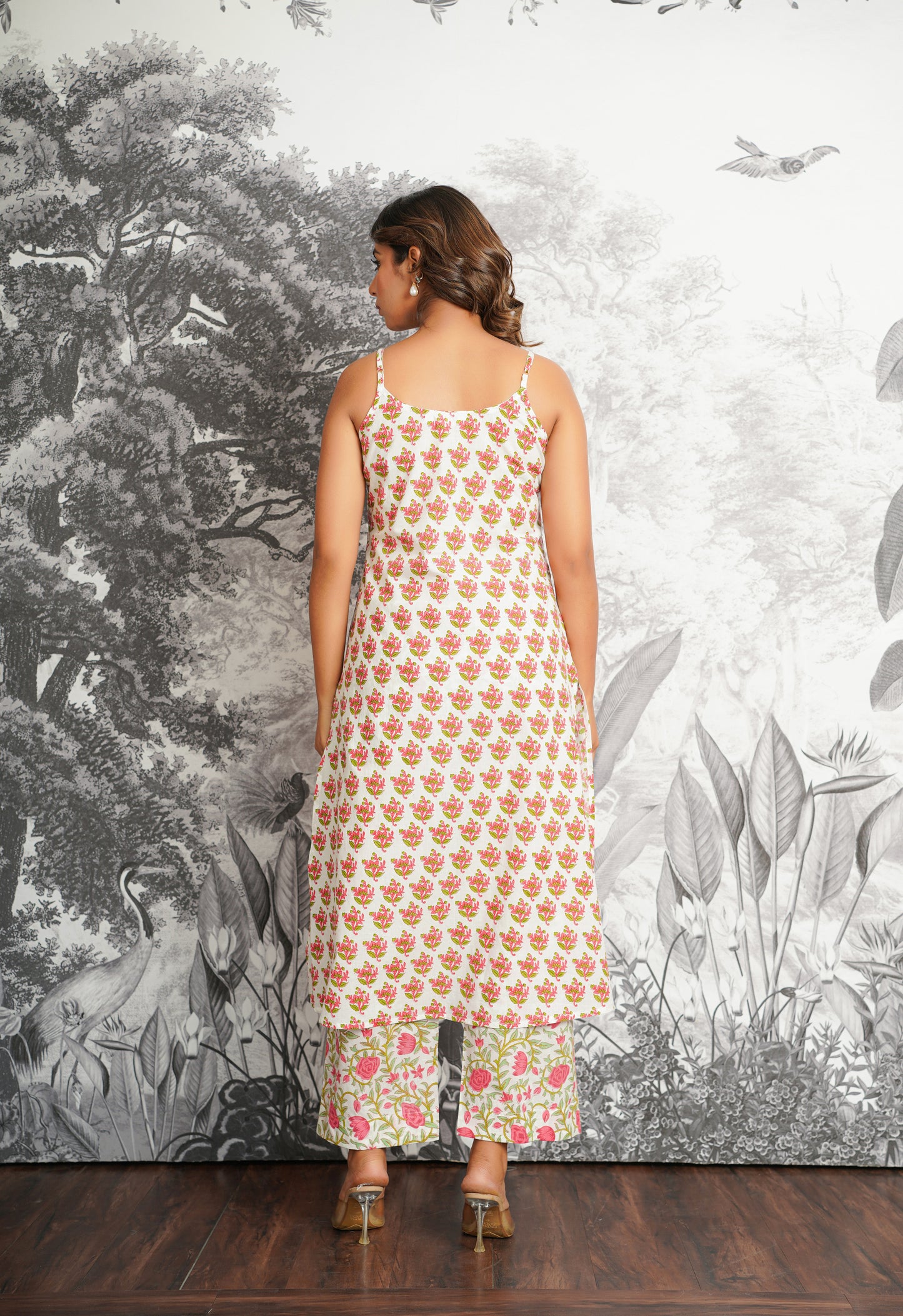 Pink-Green Floral Printed Strappy Suit set