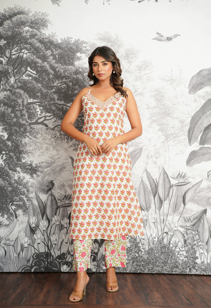 Pink-Green Floral Printed Strappy Suit set