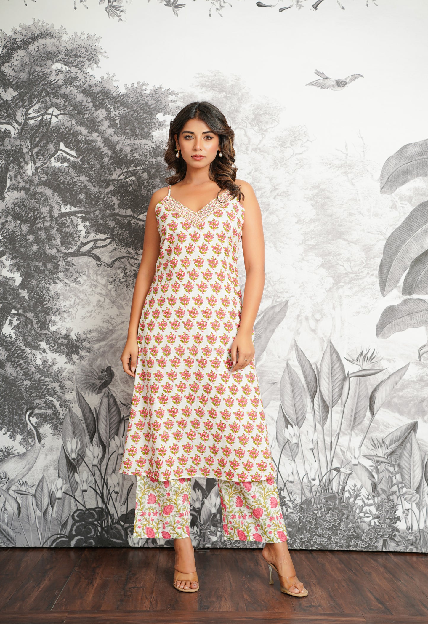 Pink-Green Floral Printed Strappy Suit set
