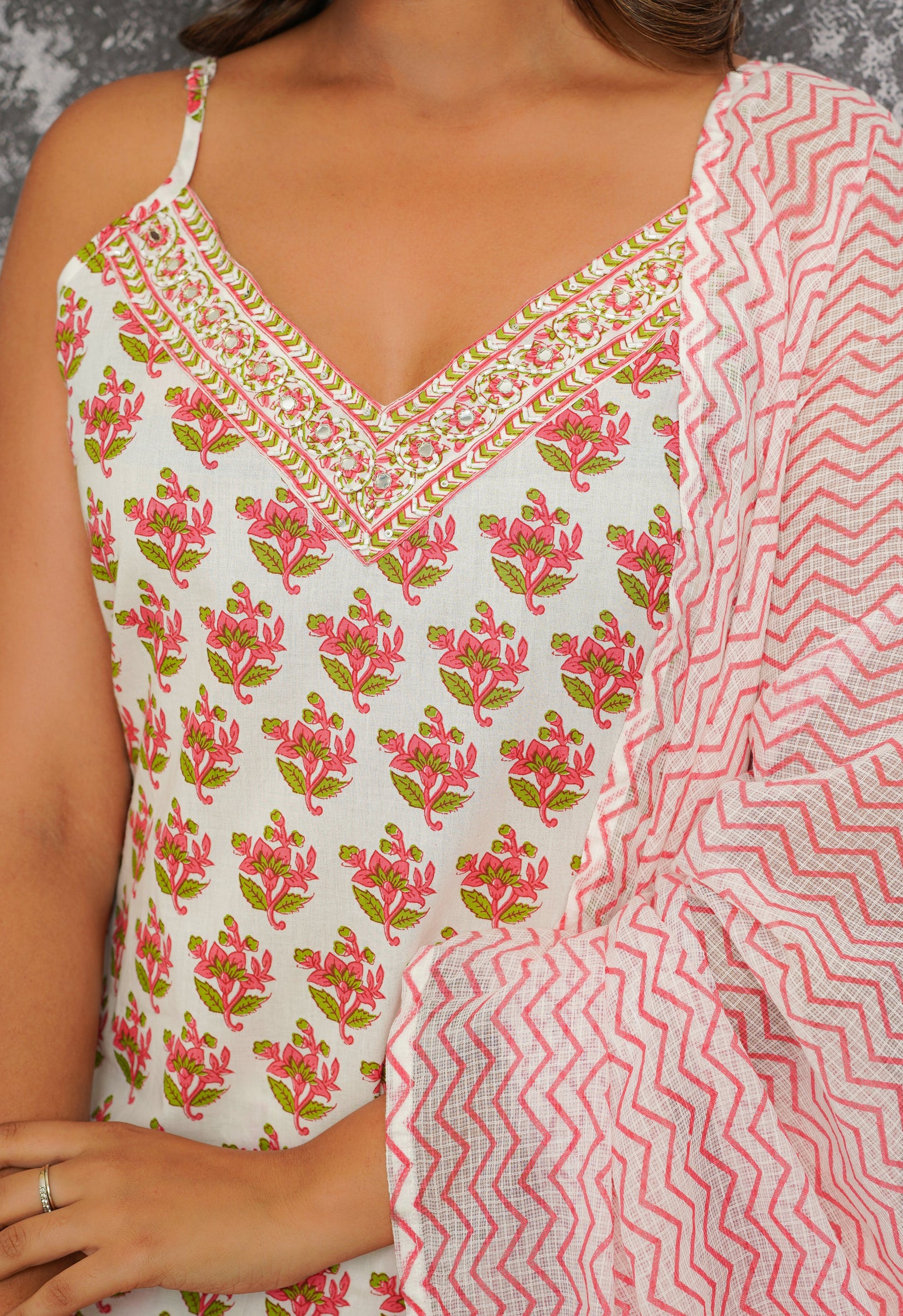 Pink-Green Floral Printed Strappy Suit set