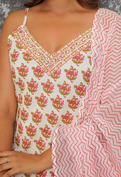 Pink-Green Floral Printed Strappy Suit set