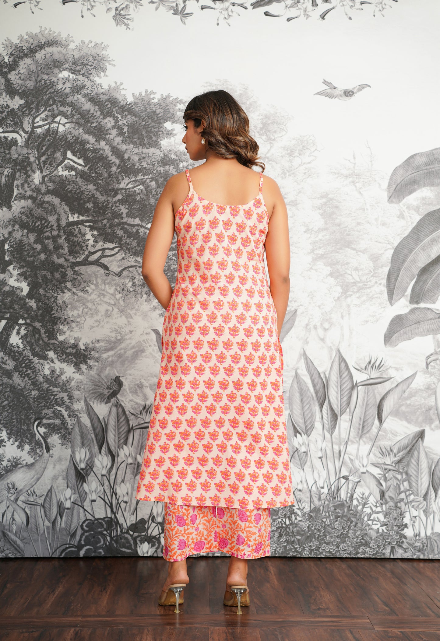 Peach Floral Printed Strappy Suit set