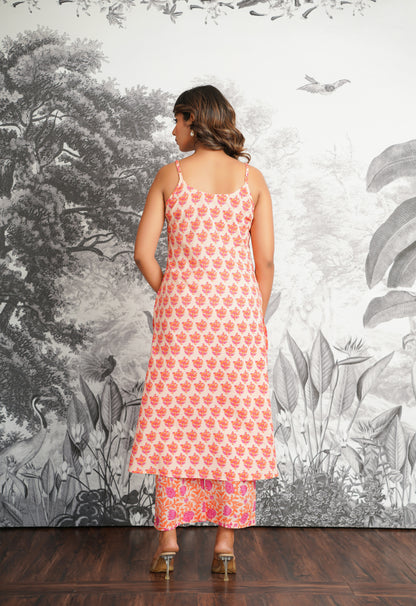 Peach Floral Printed Strappy Suit set