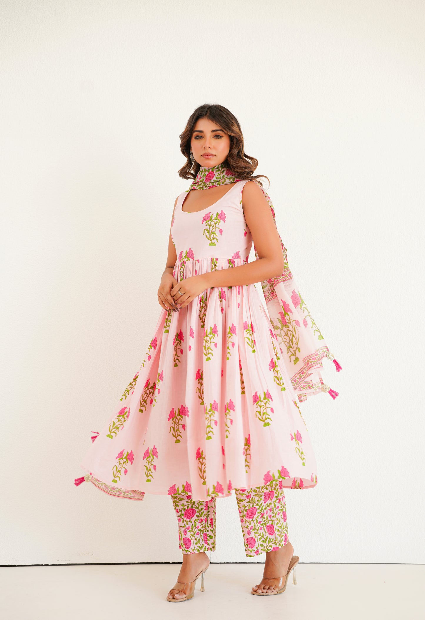 PINK FLORAL PRINTED KURTA SET WITH DUPATTA