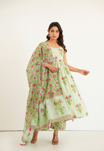 PISTA GREEN FLORAL PRINTED KURTA SET WITH DUPATTA