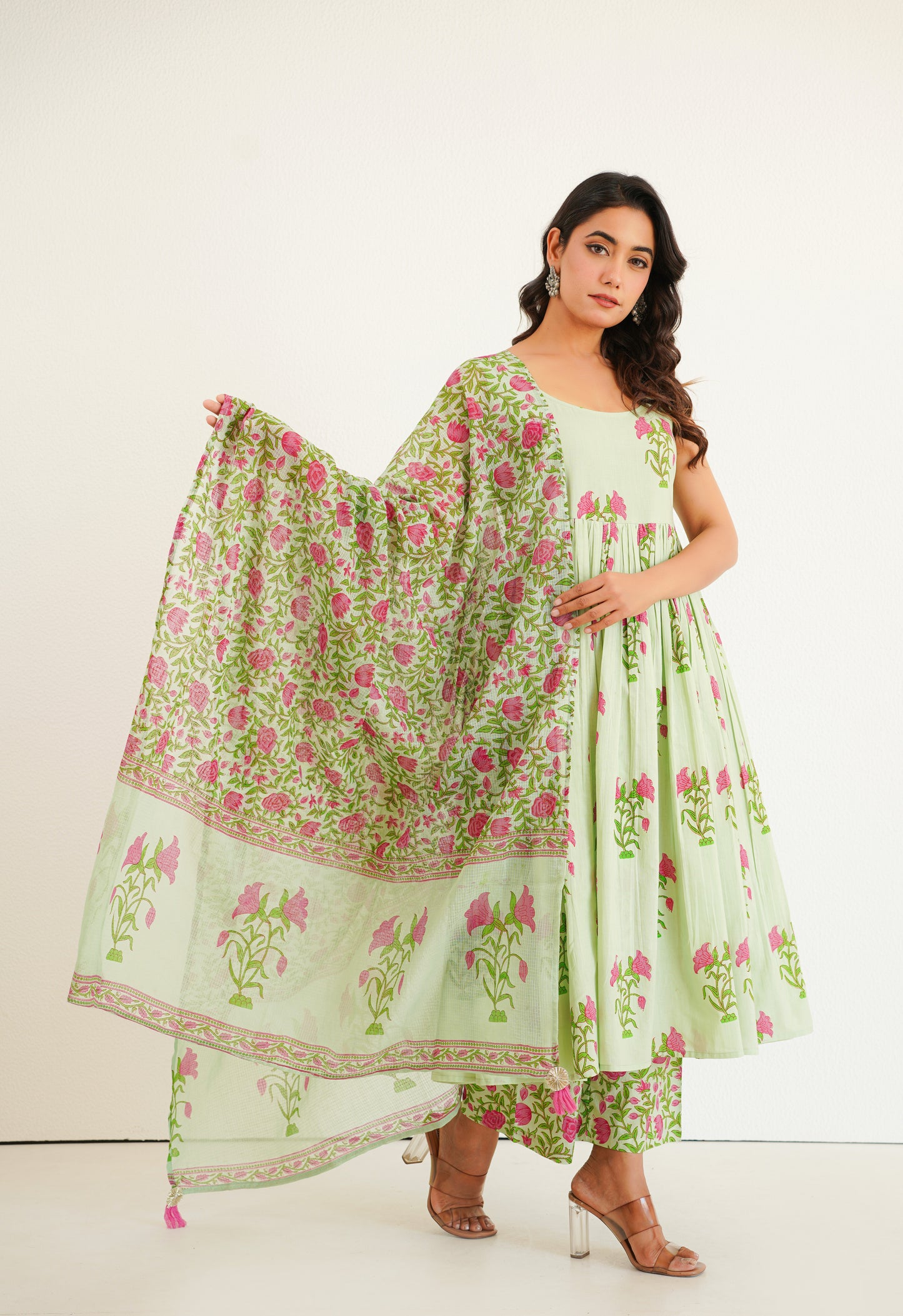 PISTA GREEN FLORAL PRINTED KURTA SET WITH DUPATTA