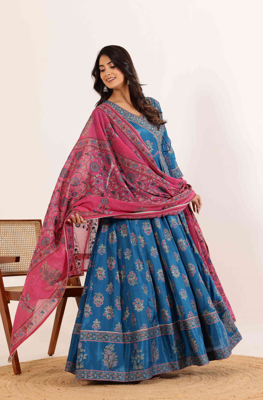Vibrant Traditions: Blue Anarkali  Dress with Tassel Embellishments & Pink Floral Printed Dupatta