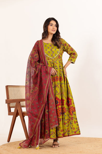 Green Floral Printed Anarkali Dress with Floral Printed Dupatta