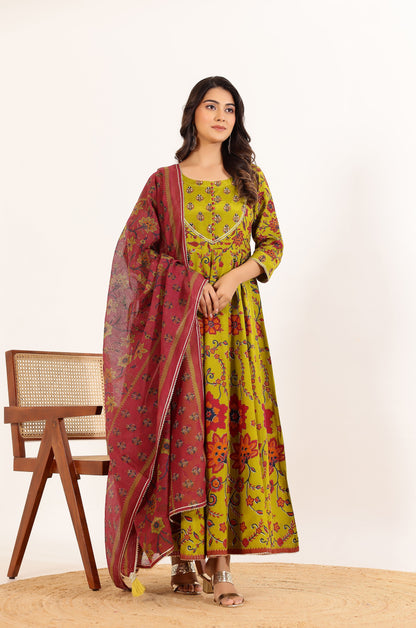 Green Floral Printed Anarkali Dress with Floral Printed Dupatta