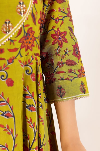 Green Floral Printed Anarkali Dress with Floral Printed Dupatta