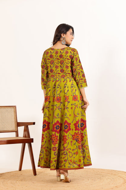 Green Floral Printed Anarkali Dress with Floral Printed Dupatta