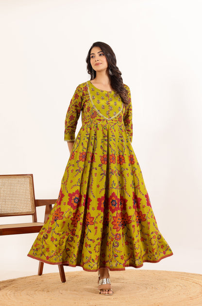 Green Floral Printed Anarkali Dress with Floral Printed Dupatta