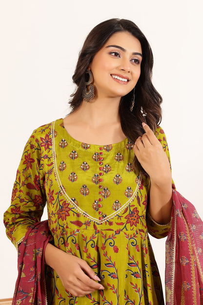 Green Floral Printed Anarkali Dress with Floral Printed Dupatta