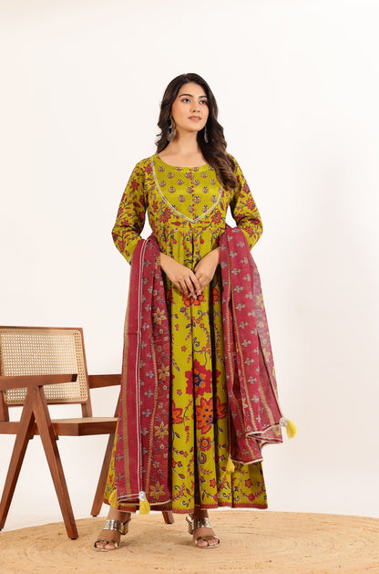 Green Floral Printed Anarkali Dress with Floral Printed Dupatta