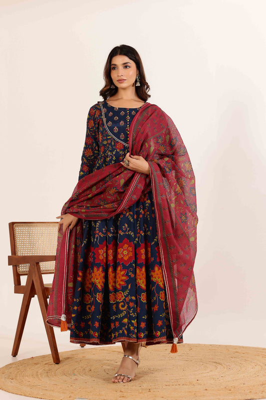 Graceful Elegance: Navy Floral Anarkali with Contrast Floral Dupatta
