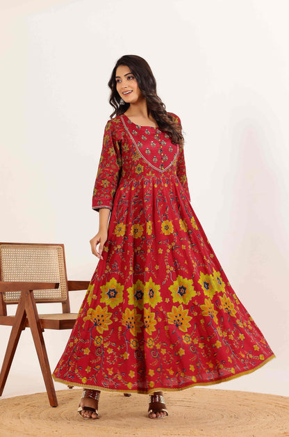 Red Floral Anarkali Dress with Floral Printed Dupatta