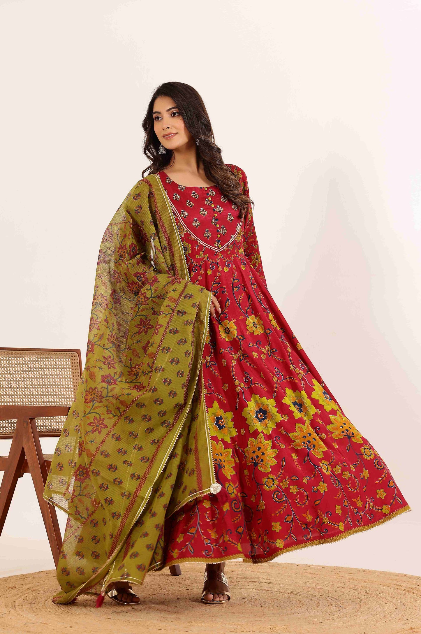 Red Floral Anarkali Dress with Floral Printed Dupatta
