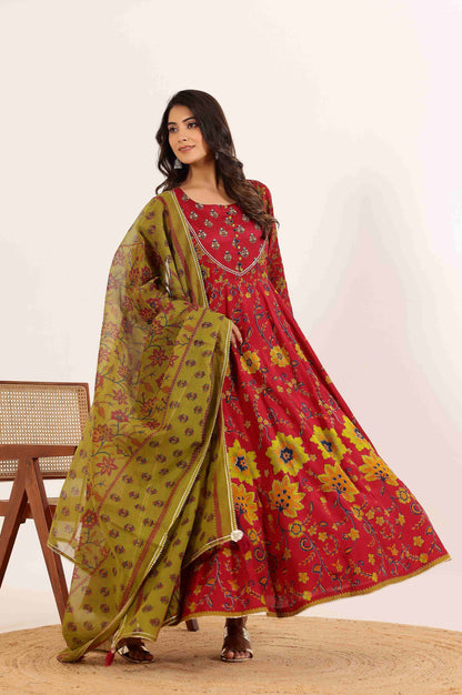 Red Floral Anarkali Dress with Floral Printed Dupatta