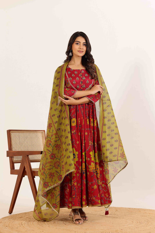 Red Floral Anarkali Dress with Floral Printed Dupatta