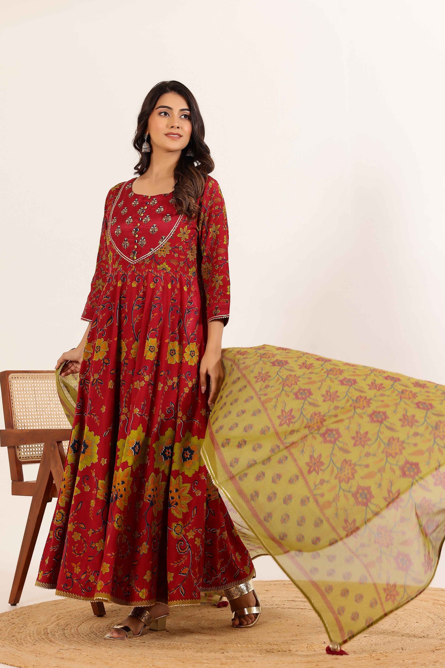 Red Floral Anarkali Dress with Floral Printed Dupatta