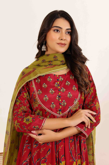 Red Floral Anarkali Dress with Floral Printed Dupatta