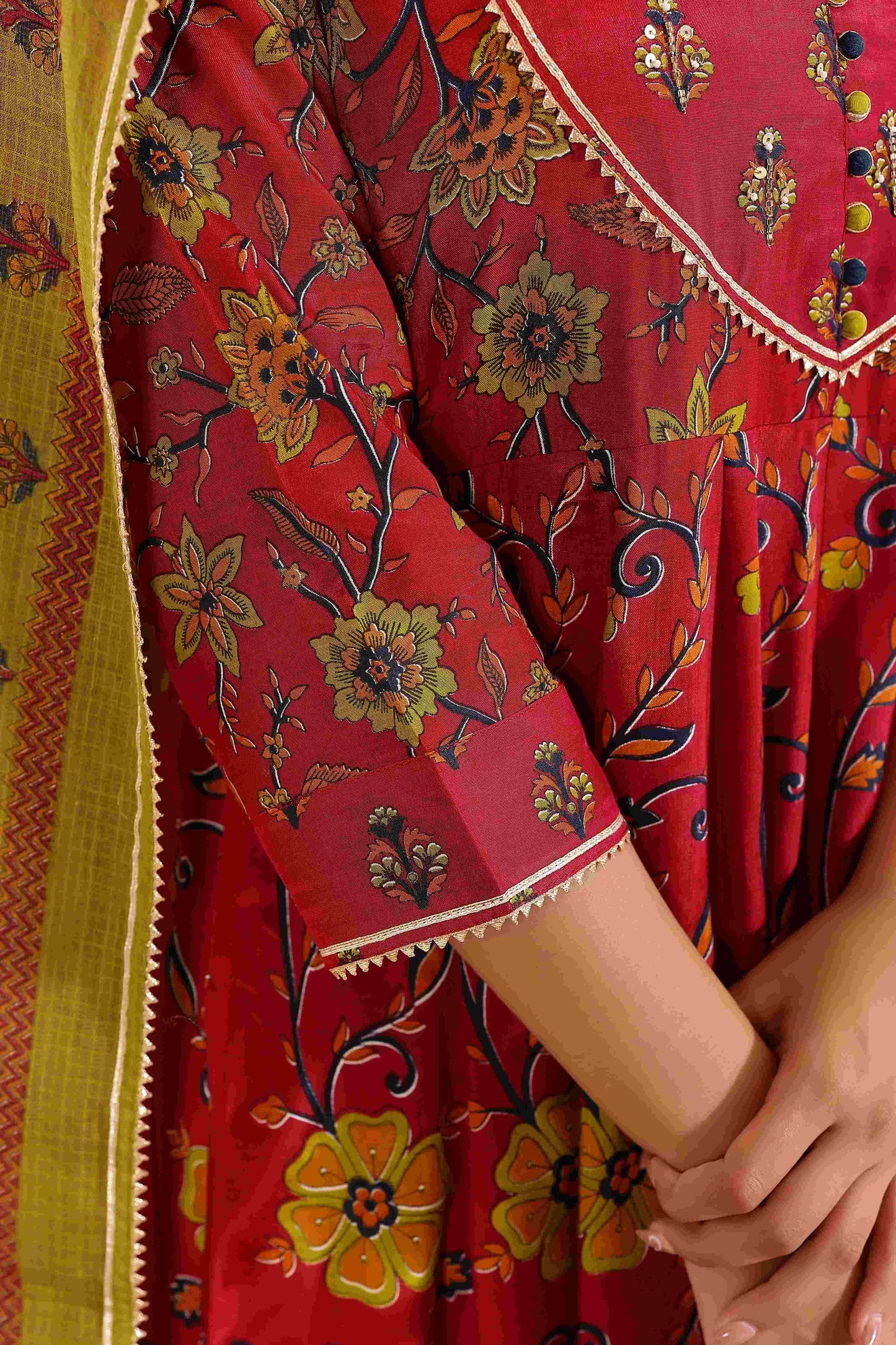 Red Floral Anarkali Dress with Floral Printed Dupatta