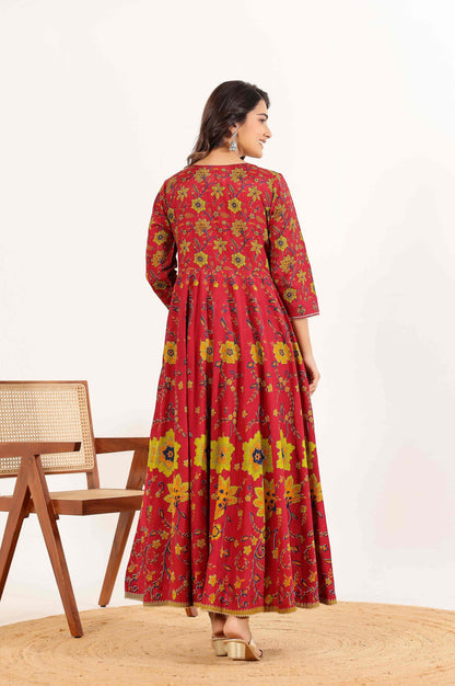 Red Floral Anarkali Dress with Floral Printed Dupatta