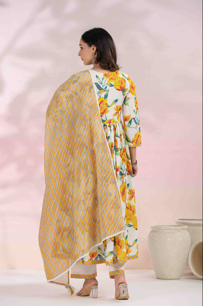 Yellow Floral Printed Angrakha Anarkali Kurta Set