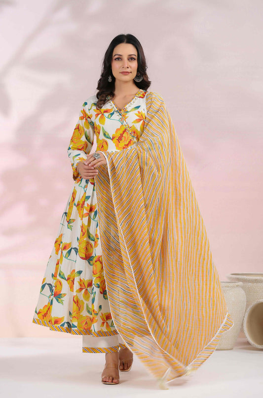 Graceful Tradition: Yellow Floral Angrakha Anarkali with Bottom,  and Leheriya Dupatta