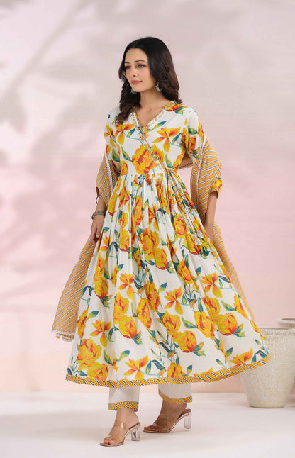 Yellow Floral Printed Angrakha Anarkali Kurta Set