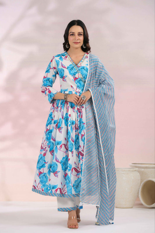 "Playful Elegance: Blue Angrakha Anarkali with Bottom, Magzi Lace, and Leheriya Printed Dupatta"