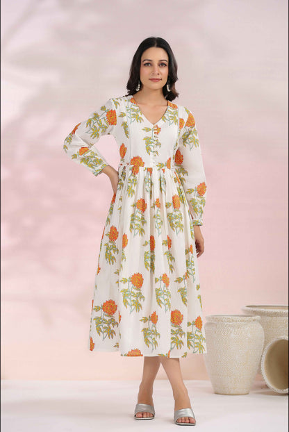 The Orange Floral Printed  Cotton Tunic
