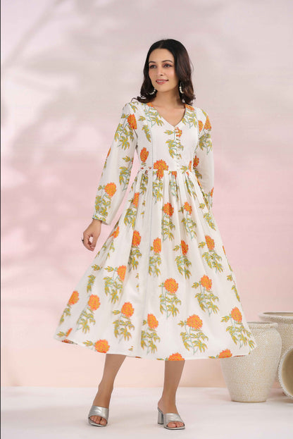 The Orange Floral Printed  Cotton Tunic