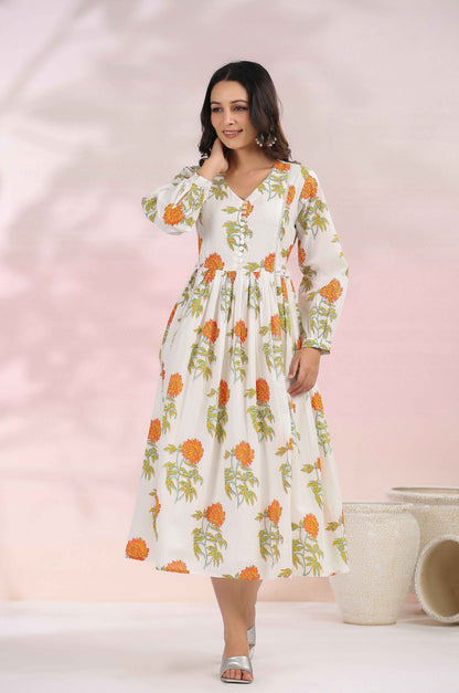 The Orange Floral Printed  Cotton Tunic