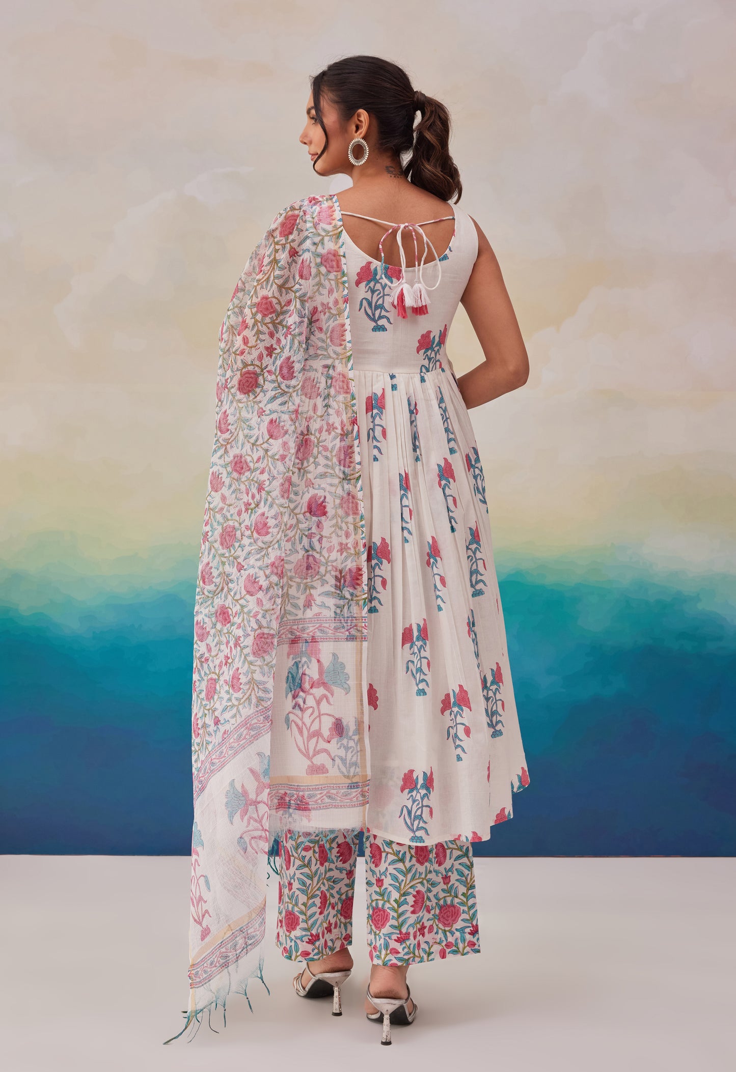WHITE BLUE FLORAL PRINTED KURTA SET WITH DUPATTA