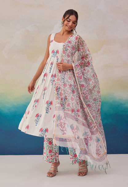 WHITE BLUE FLORAL PRINTED KURTA SET WITH DUPATTA