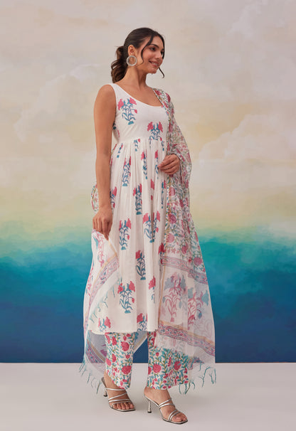 WHITE BLUE FLORAL PRINTED KURTA SET WITH DUPATTA