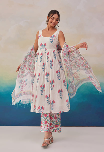 WHITE BLUE FLORAL PRINTED KURTA SET WITH DUPATTA