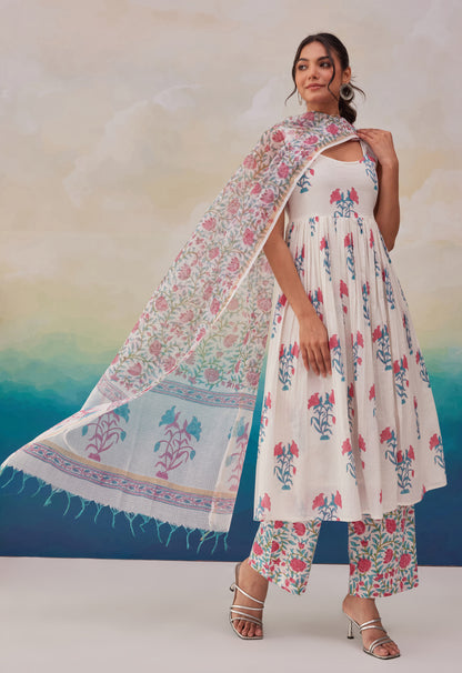 WHITE BLUE FLORAL PRINTED KURTA SET WITH DUPATTA