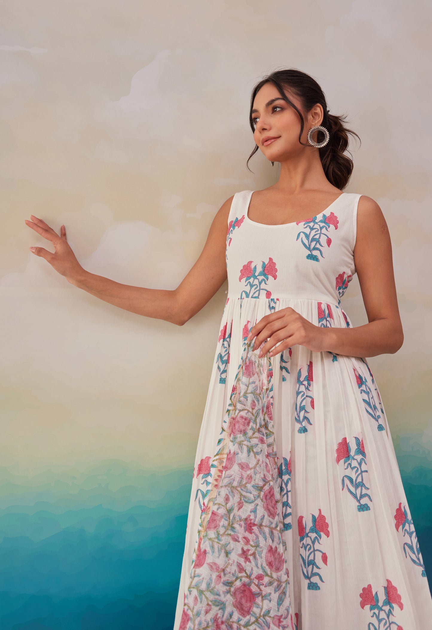 WHITE BLUE FLORAL PRINTED KURTA SET WITH DUPATTA