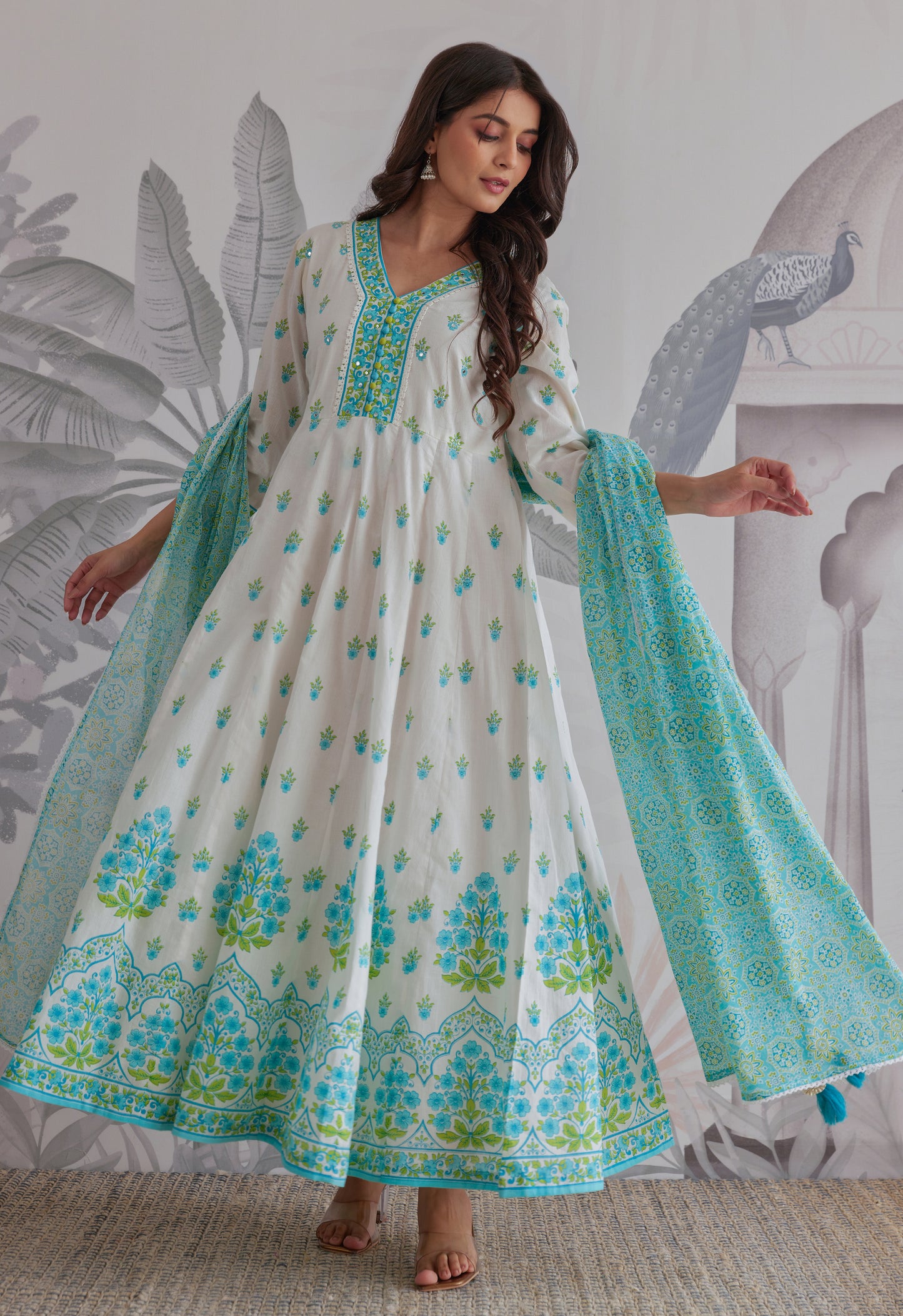 Blue Floral Printed  Long Anarkali Dress With Dupatta