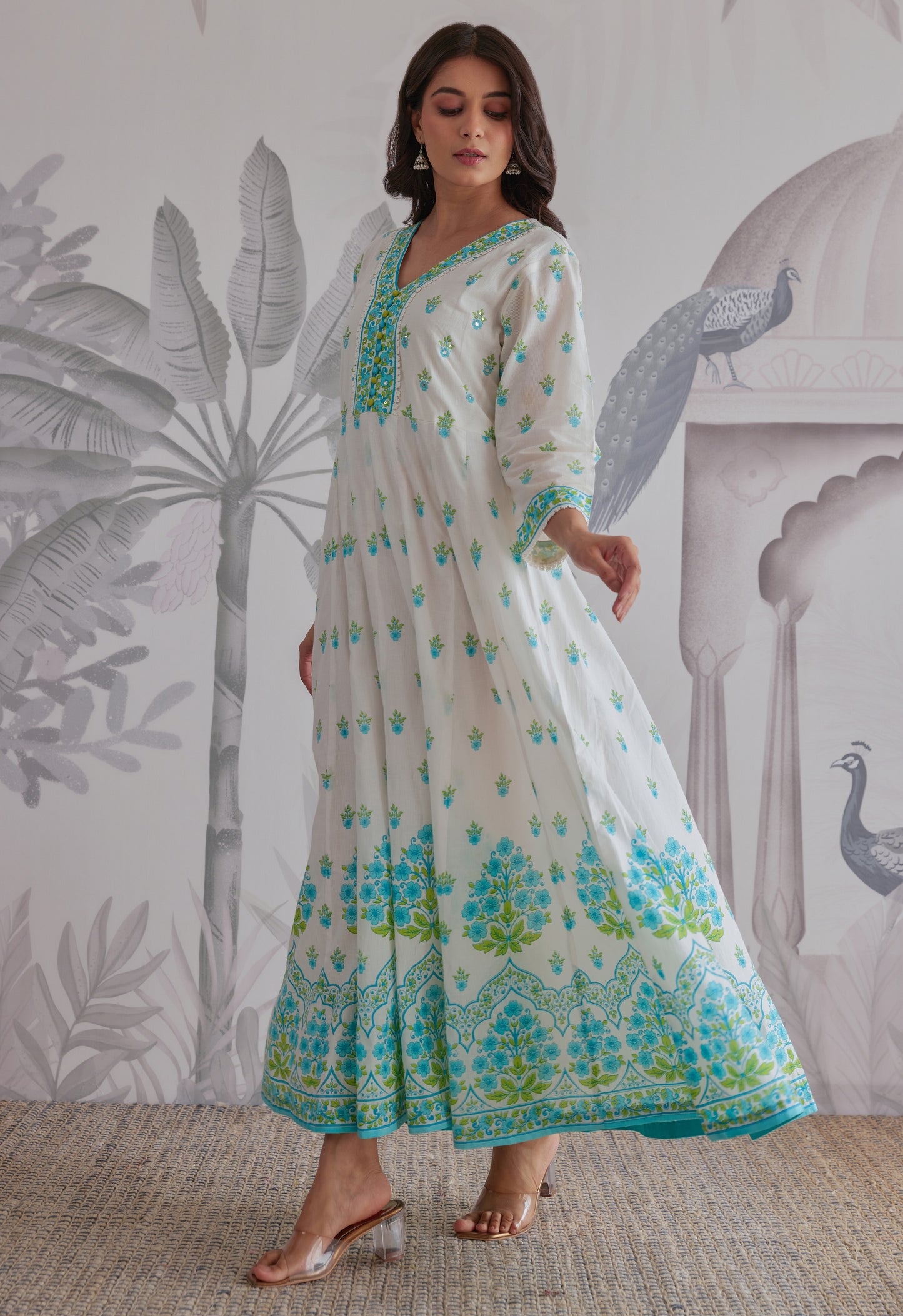 Blue Floral Printed  Long Anarkali Dress With Dupatta