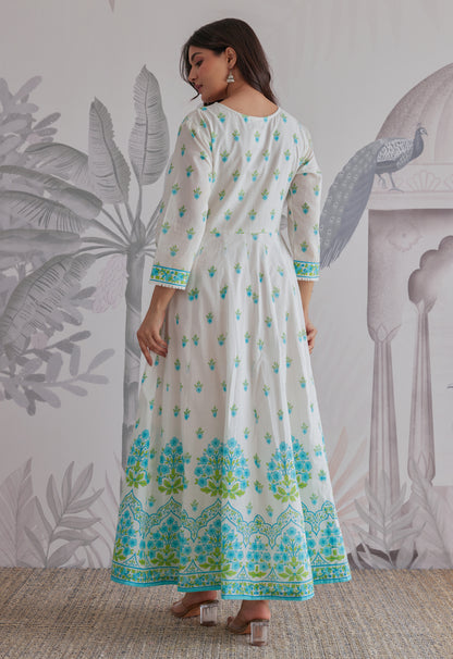 Blue Floral Printed  Long Anarkali Dress With Dupatta