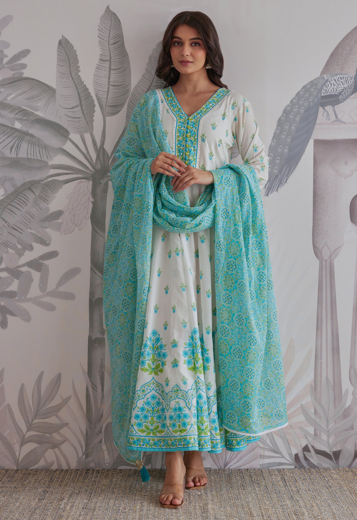 Blue Floral Printed  Long Anarkali Dress With Dupatta