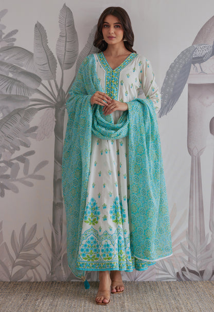 Blue Floral Printed  Long Anarkali Dress With Dupatta