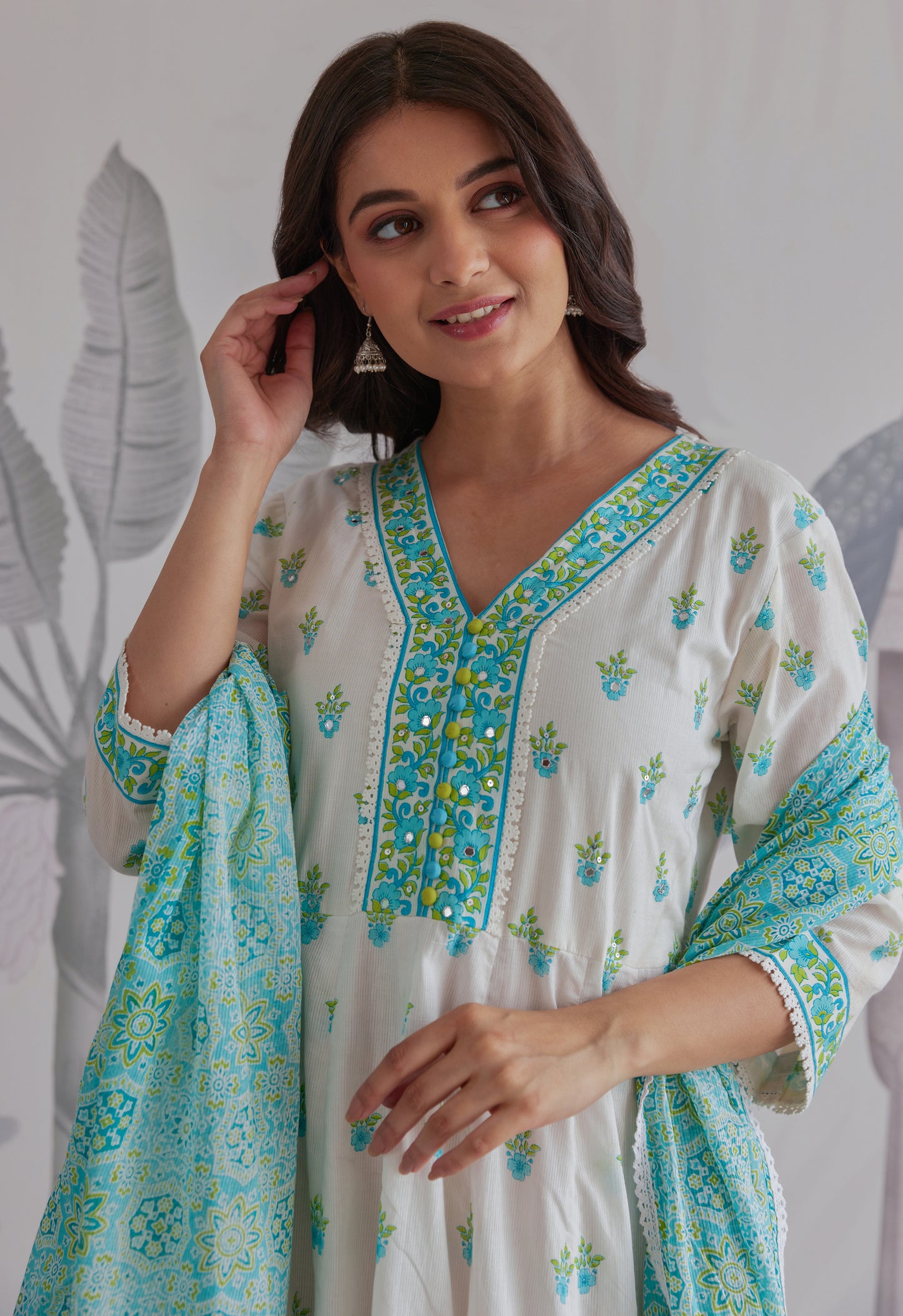 Blue Floral Printed  Long Anarkali Dress With Dupatta